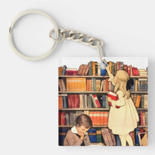 Vintage Children Reading Library Books Key Ring