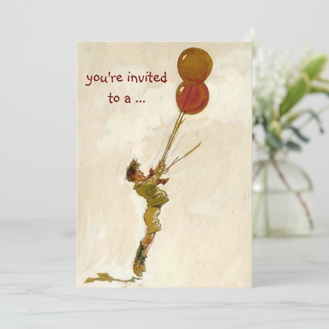 Vintage Children, Red Ballon Boy Birthday Party Invitation (Standing Front)