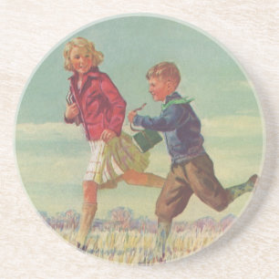 Vintage Children Running to School Carrying Books Coaster