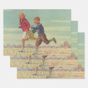 Vintage Children Running to School Carrying Books Wrapping Paper Sheet