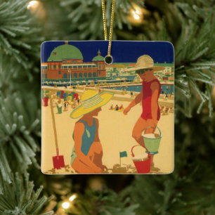 Vintage Children, Sisters Family Vacation at Beach Ceramic Ornament
