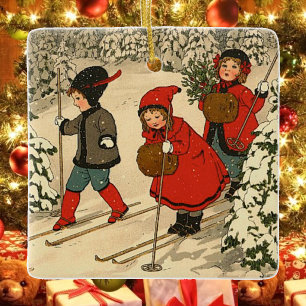 Vintage Children Skiing Through a Snowy Forest Ceramic Ornament