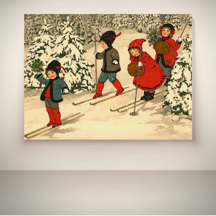 Vintage Children Skiing Through a Snowy Forest Poster
