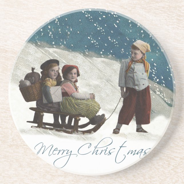 Vintage Children Sledding Christmas Winter Coaster (Front)