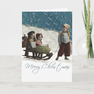 Vintage Children Sledding Christmas Winter Holiday Card