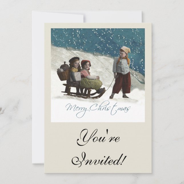 Vintage Children Sledding Christmas Winter Invitation (Front)