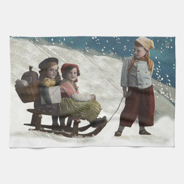 Vintage Children Sledding Christmas Winter Tea Towel (Horizontal)