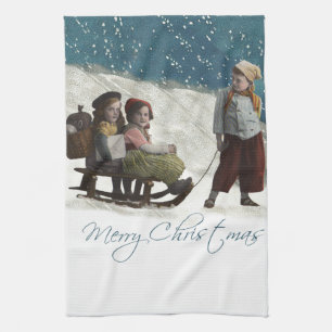 Vintage Children Sledding Christmas Winter Tea Towel