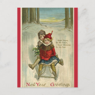 Vintage Children Sledding Happy New Year Postcard