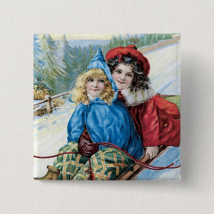 Vintage Children Sleding 15 Cm Square Badge