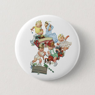 Vintage Children Toddlers Playing with Fire Trucks 6 Cm Round Badge