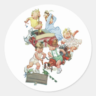 Vintage Children Toddlers Playing with Fire Trucks Classic Round Sticker