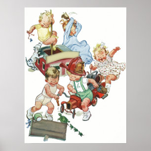 Vintage Children Toddlers Playing with Fire Trucks Poster