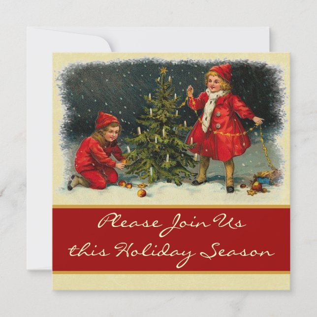 Vintage Children Trimming Tree Holiday Party Invitation (Front)