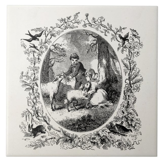 Vintage Children w Sheep Personalised Illustration Tile (Front)