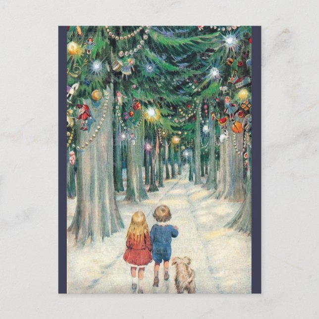 Vintage Children Walking Through Christmas Trees Holiday Postcard (Front)