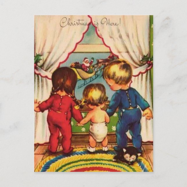 Vintage Children Watching Santa Holiday Postcard (Front)