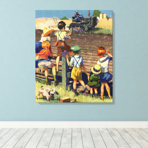 Vintage Children Waving to Local Farmer on Tractor Canvas Print