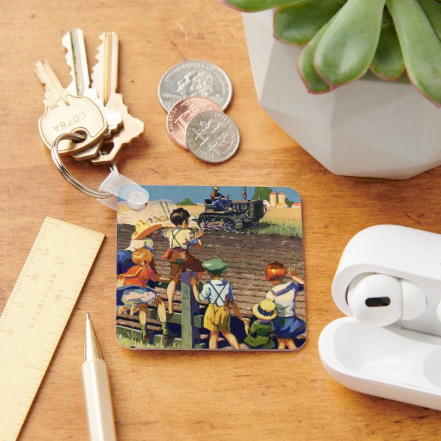 Vintage Children Waving to Local Farmer on Tractor Key Ring (Desk)