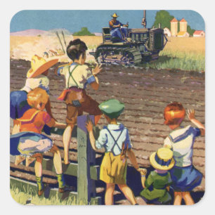 Vintage Children Waving to Local Farmer on Tractor Square Sticker