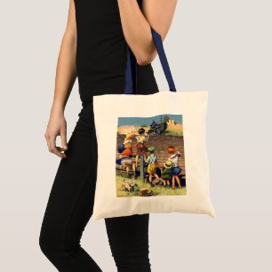 Vintage Children Waving to Local Farmer on Tractor Tote Bag