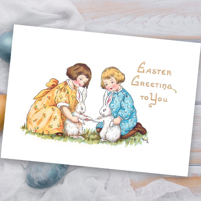 Vintage Children, White Bunnies, Easter Greeting Holiday Card (Creator Uploaded)