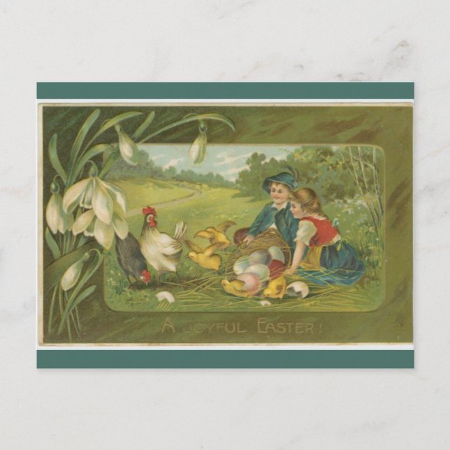 Vintage Children With Chickens Easter Postcard (Front)