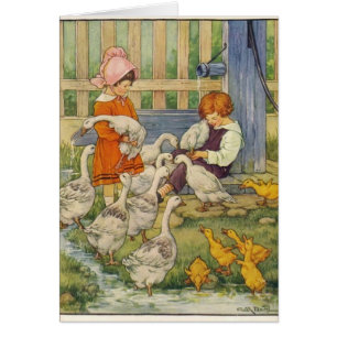 Vintage - Children with Geese & Goslings,