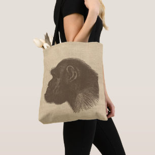 Vintage Chimpanzee Illustration on Burlap Tote Bag