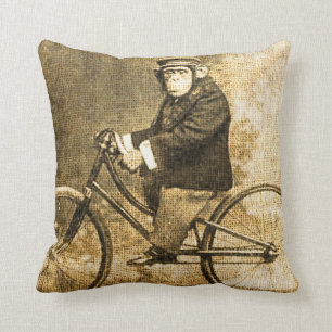Vintage Chimpanzee on a Bicycle Cushion