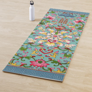 Vintage China Asian Bouquet Pink on Aqua Blue Yoga Mat