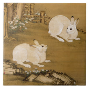 Vintage Chinese Art Two White Rabbits Painting Ceramic Tile
