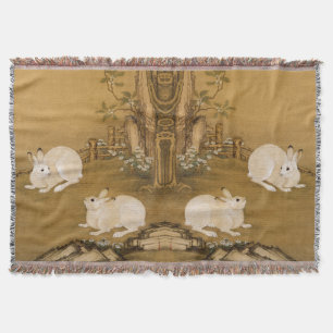 Vintage Chinese Art Two White Rabbits Painting Throw Blanket
