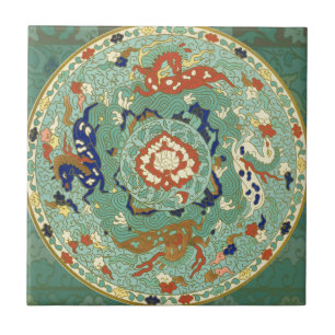 Vintage Chinese Blue Green Circle Tile