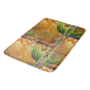 Vintage Chinese Cactus & Geometric Motif Bath Mat