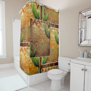  Vintage Chinese Cactus & Geometric Motif Shower Curtain
