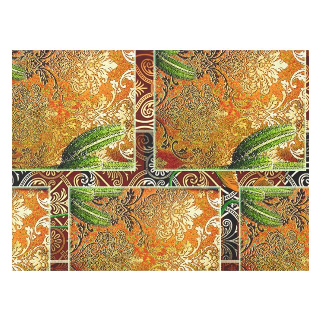  Vintage Chinese Cactus & Geometric Motif Tablecloth (Front (Horizontal))