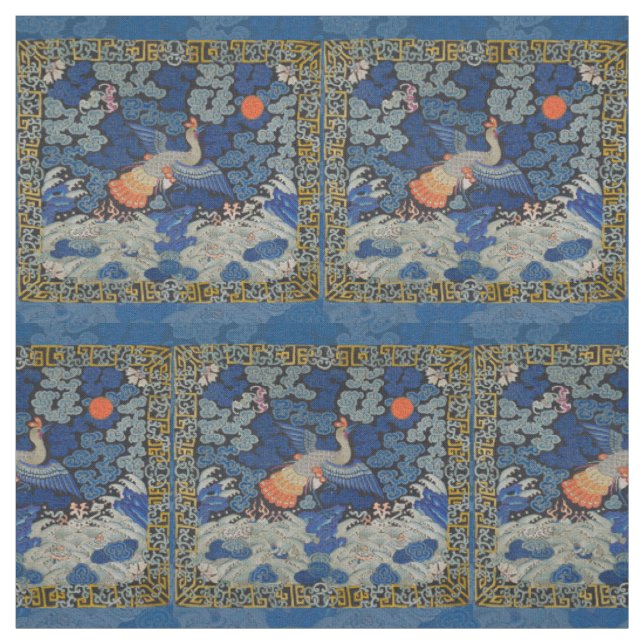 Vintage Chinese Crane Pattern: Imperial Blue Fabric (Swatch)