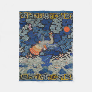 Vintage Chinese Crane Pattern: Imperial Blue Fleece Blanket