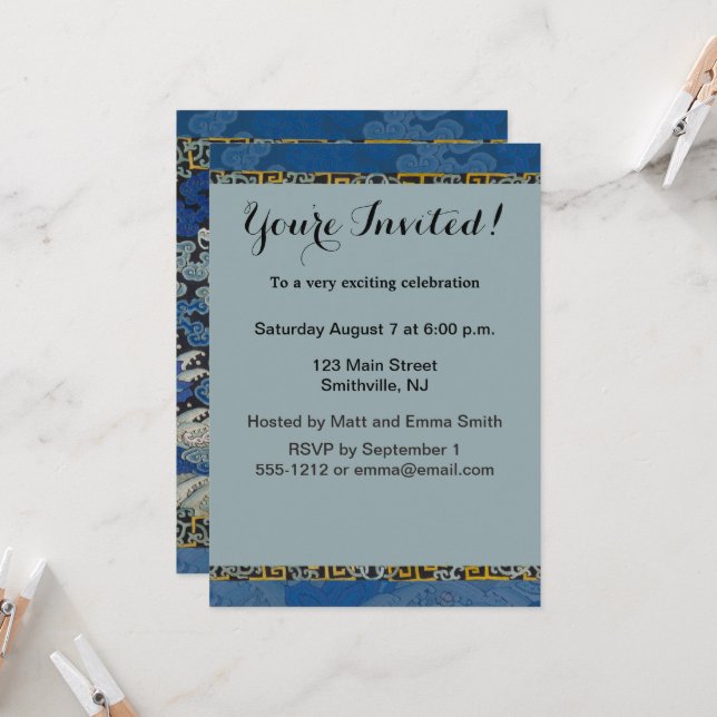 Vintage Chinese Crane Pattern: Imperial Blue Invitation (Front/Back In Situ)