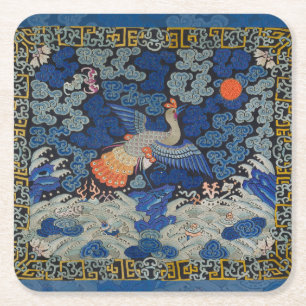 Vintage Chinese Crane Pattern: Imperial Blue Square Paper Coaster