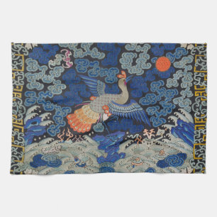 Vintage Chinese Crane Pattern: Imperial Blue Tea Towel