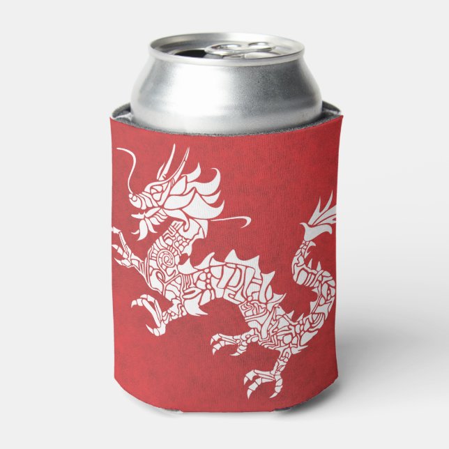 Vintage Chinese Dragon Tribal Emblem Red Can Cooler (Can Front)