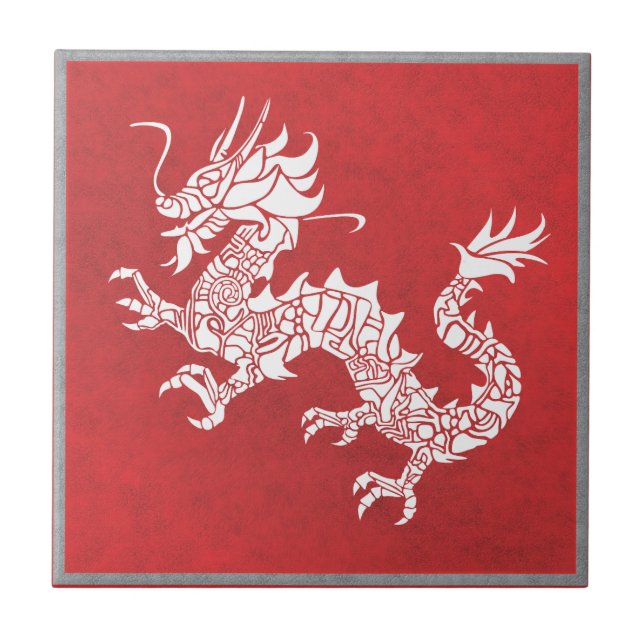 Vintage Chinese Dragon Tribal Emblem Red Ceramic Tile (Front)