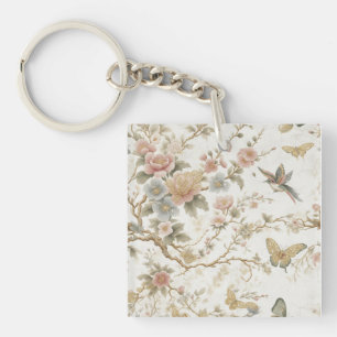 Vintage Chinese Floral Pattern with Hummingbird Key Ring