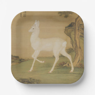 Vintage Chinese Imperial Art White Deer Painting Paper Plate