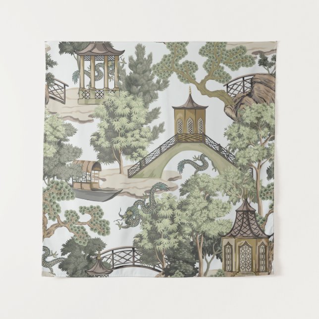 Vintage Chinese landscape seamless pattern. Chinoi Tapestry (Front)