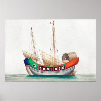 Vintage chinese painting of a ship poster