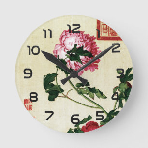 Vintage Chinese Pink Peony Flower Art Round Clock