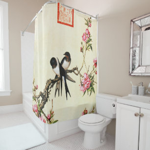 Vintage Chinese Swallows & Peach Blossoms Shower Curtain